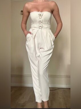 ELISABETTA FRANCHi Strapless White Bow-Embellished Jumpsuit